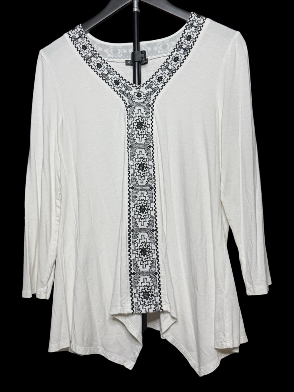 Adrianna Papell White V-Neck Tunic with Black Embroidery